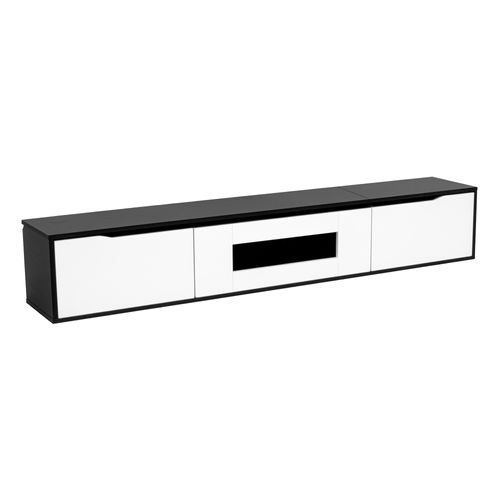 Meuble TV 180x35x30 Cm Laqué Brillant Noir Et Blanc Avec Éclairage LED, USB Et Rangements