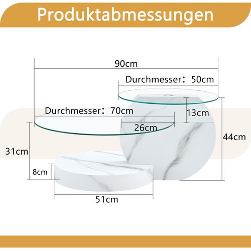 Table Basse Ronde Salon 50cm + 70cm Effet Marbre Blanc Avec 2 Plateaux En Verre Trempé