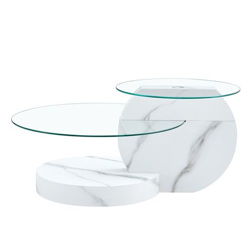 Table Basse Ronde Salon 50cm + 70cm Effet Marbre Blanc Avec 2 Plateaux En Verre Trempé