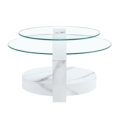 Table Basse Ronde Salon 50cm + 70cm Effet Marbre Blanc Avec 2 Plateaux En Verre Trempé