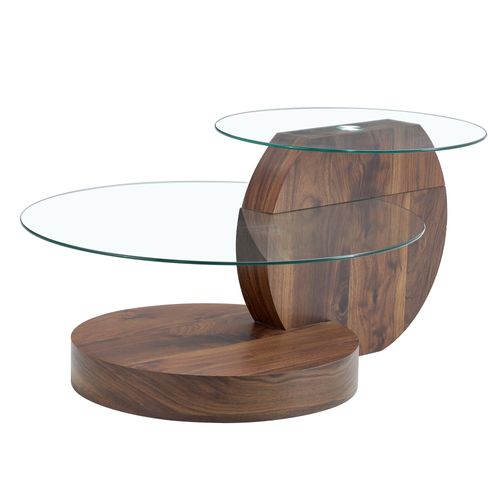 Table Basse Ronde Salon 50cm + 70cm En Verre Trempé, Effet Bois Noyer, 2 Plateaux