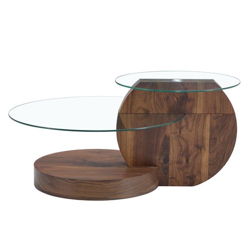Table Basse Ronde Salon 50cm + 70cm En Verre Trempé, Effet Bois Noyer, 2 Plateaux
