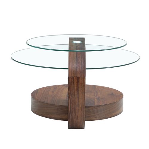 Table Basse Ronde Salon 50cm + 70cm En Verre Trempé, Effet Bois Noyer, 2 Plateaux