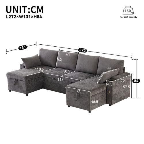 Canapé D'angle Convertible En U 4 Places, 2 Coffres De Rangements Et Porte-gobelets, Tissu Gris