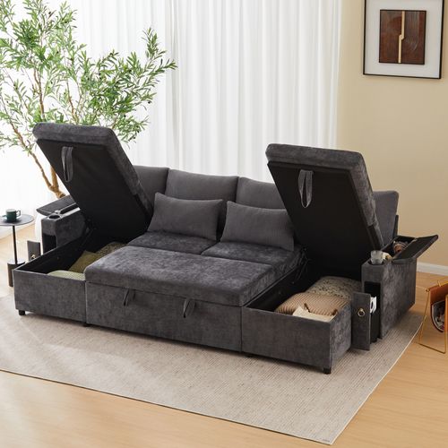 Canapé D'angle Convertible En U 4 Places, 2 Coffres De Rangements Et Porte-gobelets, Tissu Gris