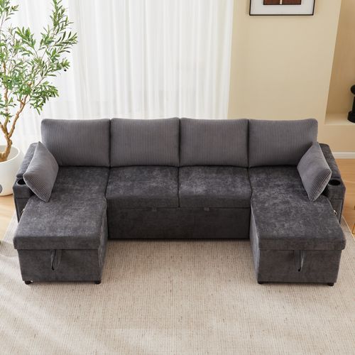 Canapé D'angle Convertible En U 4 Places, 2 Coffres De Rangements Et Porte-gobelets, Tissu Gris