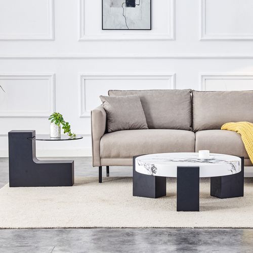 Table Basse Ronde 2 Pièces Salon Ø61×h30 Cm Blanc Et Noir, Plateau Effet Marbre