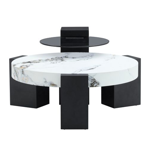 Table Basse Ronde 2 Pièces Salon Ø61×h30 Cm Blanc Et Noir, Plateau Effet Marbre