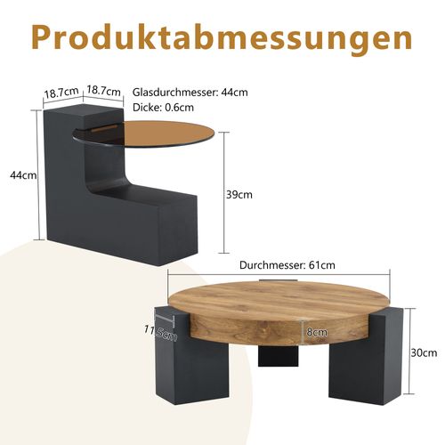 Table Basse Ronde Salon 2 Pièces 61 Cm + 44 Cm, Noir Et Effet Bois