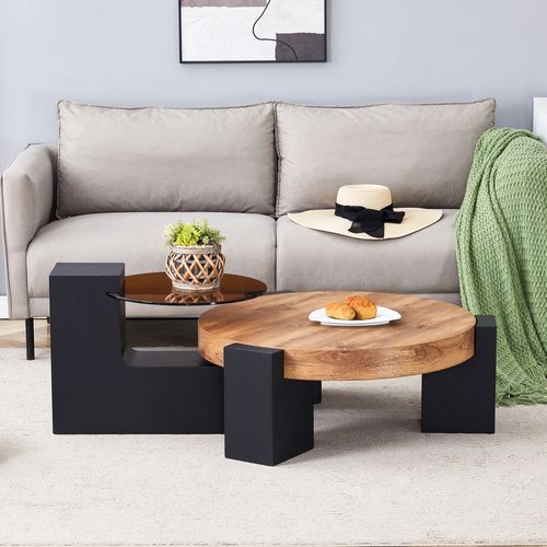 Table Basse Ronde Salon 2 Pièces 61 Cm + 44 Cm, Noir Et Effet Bois