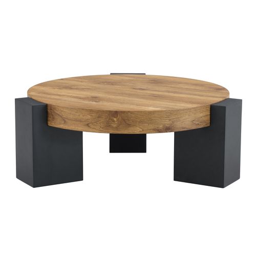 Table Basse Ronde Salon 2 Pièces 61 Cm + 44 Cm, Noir Et Effet Bois