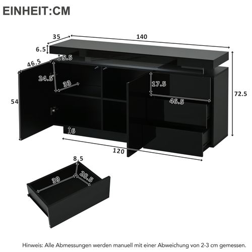 Buffet Laqué Noir 140x35x72,5 Cm Avec 2 Portes Et 3 Tiroirs Et Éclairage LED