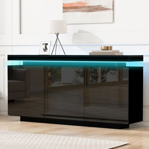 Buffet Laqué Noir 140x35x72,5 Cm Avec 2 Portes Et 3 Tiroirs Et Éclairage LED