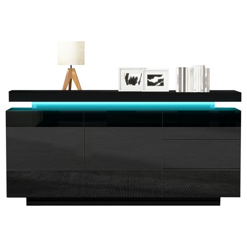 Buffet Laqué Noir 140x35x72,5 Cm Avec 2 Portes Et 3 Tiroirs Et Éclairage LED