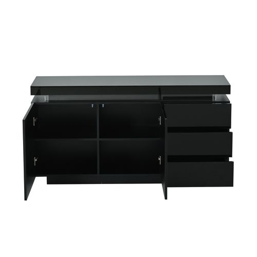 Buffet Laqué Noir 140x35x72,5 Cm Avec 2 Portes Et 3 Tiroirs Et Éclairage LED
