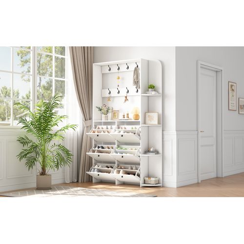 Vestiaire, Armoire D'entrée Blanc H.200 Cm, Meuble à Chaussures 6 Abattants, 8 Crochets Et Étagères