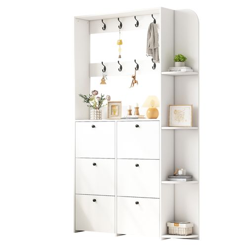Vestiaire, Armoire D'entrée Blanc H.200 Cm, Meuble à Chaussures 6 Abattants, 8 Crochets Et Étagères