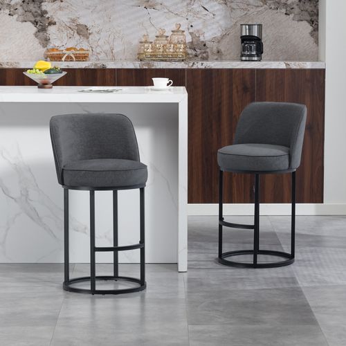 Lot De 2 Tabourets De Bar 88.5x49.5 Cm, Lin Gris, Pieds En Métal Noir, Dossier Haut, Assise 63,5 Cm