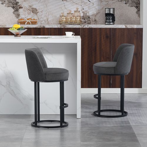 Lot De 2 Tabourets De Bar 88.5x49.5 Cm, Lin Gris, Pieds En Métal Noir, Dossier Haut, Assise 63,5 Cm