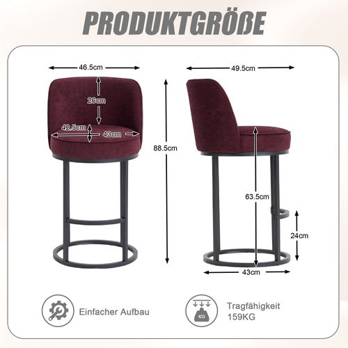 Lot De 2 Tabourets De Bar 88.5x49.5 Cm, En Lin Rouge Bordeaux, Pieds Métal Noir