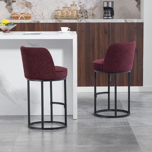 Lot De 2 Tabourets De Bar 88.5x49.5 Cm, En Lin Rouge Bordeaux, Pieds Métal Noir
