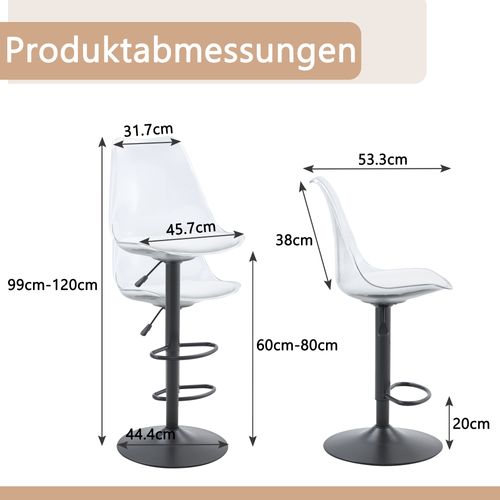 Lot De 2 Tabourets De Bar Réglables Pivotants En Métal Noir, Dossier Transparent, Assise Pu Blanc