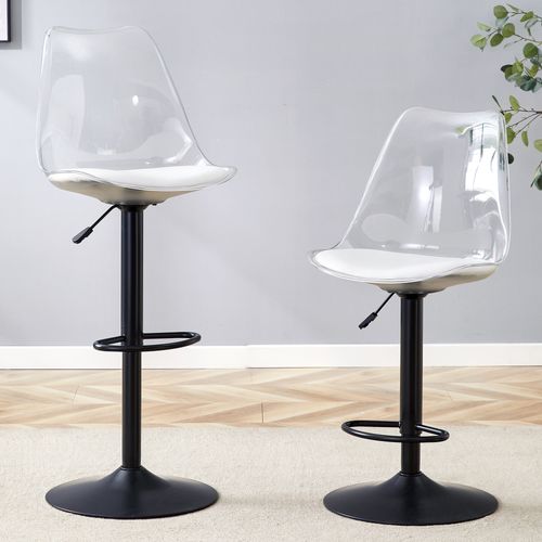 Lot De 2 Tabourets De Bar Réglables Pivotants En Métal Noir, Dossier Transparent, Assise Pu Blanc