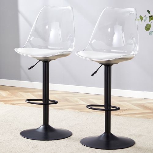 Lot De 2 Tabourets De Bar Réglables Pivotants En Métal Noir, Dossier Transparent, Assise Pu Blanc