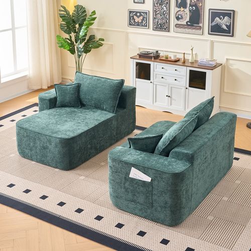 Canapé D’angle 3 Places Modulable En Chenille Verte 262 Cm, Assise Profonde