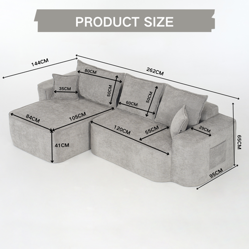 Canapé D’angle 3 Places Modulable En Chenille Grise 262 Cm, Assise Profonde