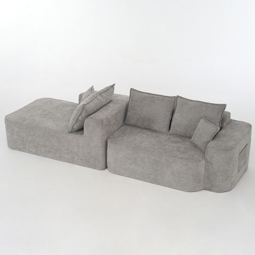 Canapé D’angle 3 Places Modulable En Chenille Grise 262 Cm, Assise Profonde