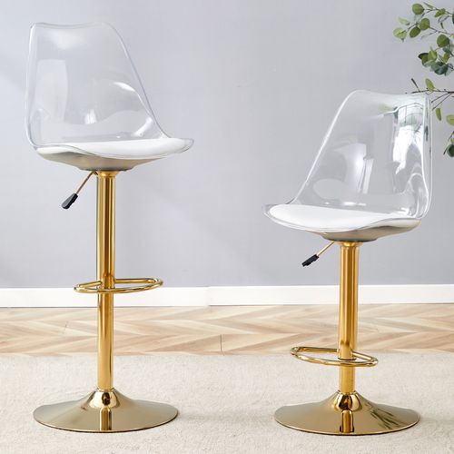 Lot De 2 Tabourets De Bar Réglables Pivotants En Métal Doré, Dossier Transparent, Assise Pu Blanc