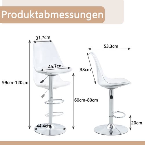 Lot De 2 Tabourets De Bar Réglables Pivotants En Métal Argenté, Dossier Transparent, Assise Pu Blanc