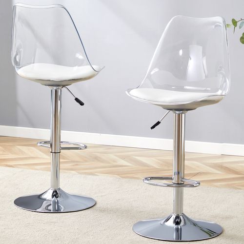 Lot De 2 Tabourets De Bar Réglables Pivotants En Métal Argenté, Dossier Transparent, Assise Pu Blanc
