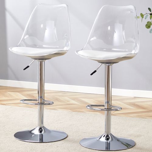 Lot De 2 Tabourets De Bar Réglables Pivotants En Métal Argenté, Dossier Transparent, Assise Pu Blanc