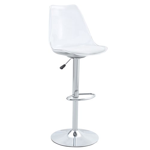 Lot De 2 Tabourets De Bar Réglables Pivotants En Métal Argenté, Dossier Transparent, Assise Pu Blanc