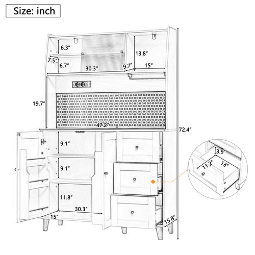 Buffet De Cuisine Haut 184 Cm Blanc, Ports De Charge, 3 Tiroirs, Armoire Et 2 Portes Coulissantes