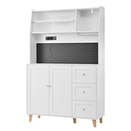 Buffet De Cuisine Haut 184 Cm Blanc, Ports De Charge, 3 Tiroirs, Armoire Et 2 Portes Coulissantes