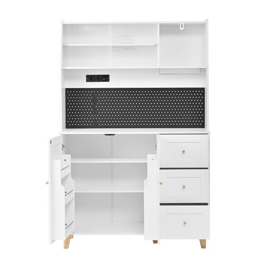 Buffet De Cuisine Haut 184 Cm Blanc, Ports De Charge, 3 Tiroirs, Armoire Et 2 Portes Coulissantes