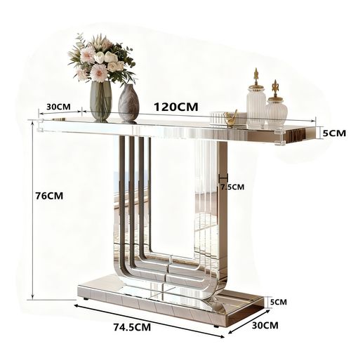 Table Console D'entrée 120 Cm En Verre Argenté Et Mdf, Socle De Forme En U