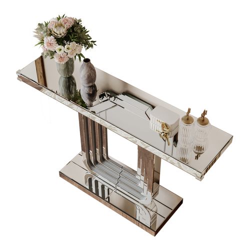 Table Console D'entrée 120 Cm En Verre Argenté Et Mdf, Socle De Forme En U