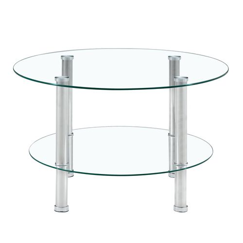 Table Basse 2 Plateaux Ø70/ø60 Cm H42, Verre Trempé Et Métal Argenté