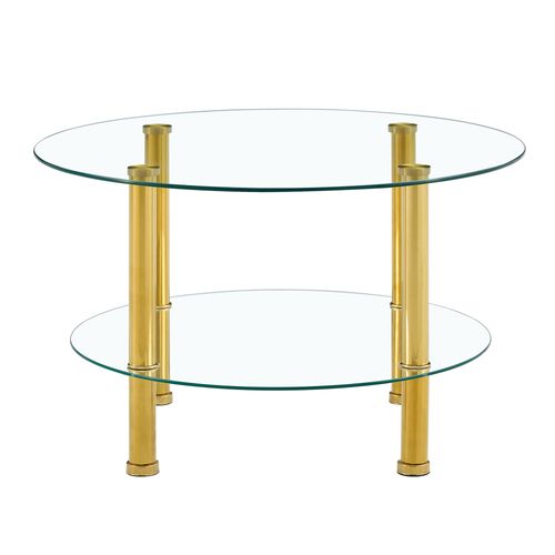 Table Basse 2 Niveaux Ø70/ø60 Cm, Verre Trempé, Pieds Métal Doré