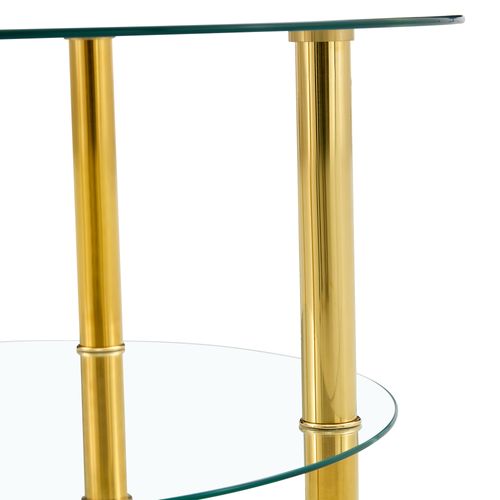Table Basse 2 Niveaux Ø70/ø60 Cm, Verre Trempé, Pieds Métal Doré
