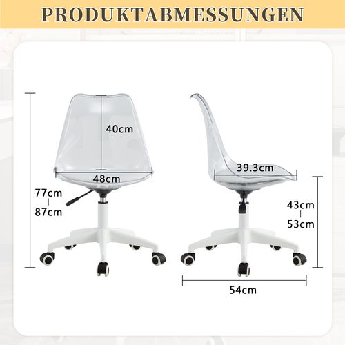 Chaise De Bureau Réglable Pivotante Transparent Et Blanc, Métal, Assise En Pu, Avec Roulettes
