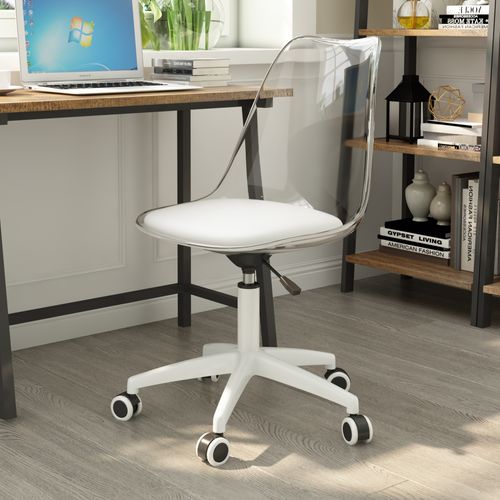 Chaise De Bureau Réglable Pivotante Transparent Et Blanc, Métal, Assise En Pu, Avec Roulettes