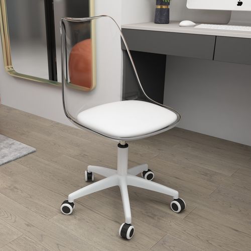 Chaise De Bureau Réglable Pivotante Transparent Et Blanc, Métal, Assise En Pu, Avec Roulettes