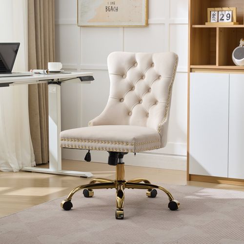 Chaise De Bureau Réglable Et Pivotante Velours Beige Avec Base Métal Doré