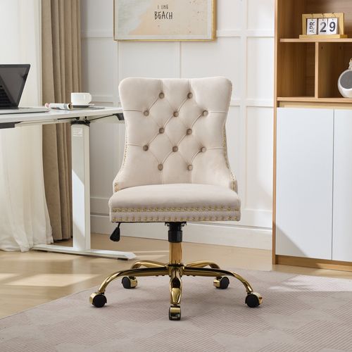 Chaise De Bureau Réglable Et Pivotante Velours Beige Avec Base Métal Doré
