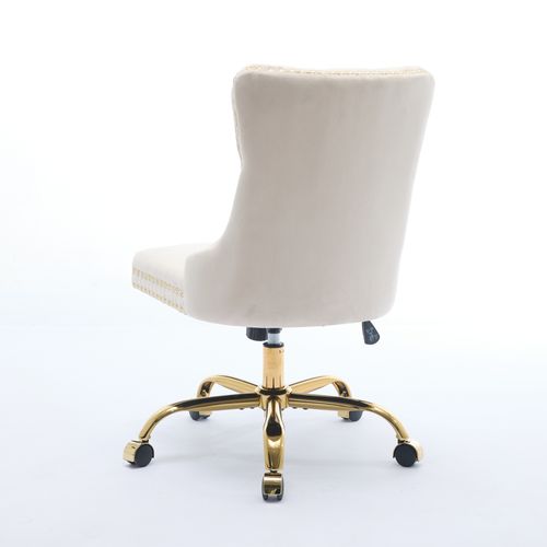 Chaise De Bureau Réglable Et Pivotante Velours Beige Avec Base Métal Doré